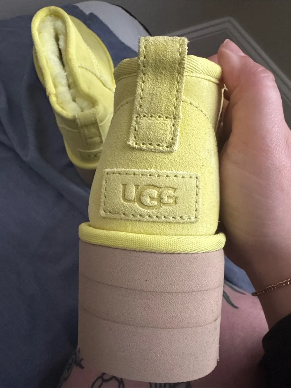 UGG Ultra Mini Platform Classic Yellow Platform Suede Shearling Boots
